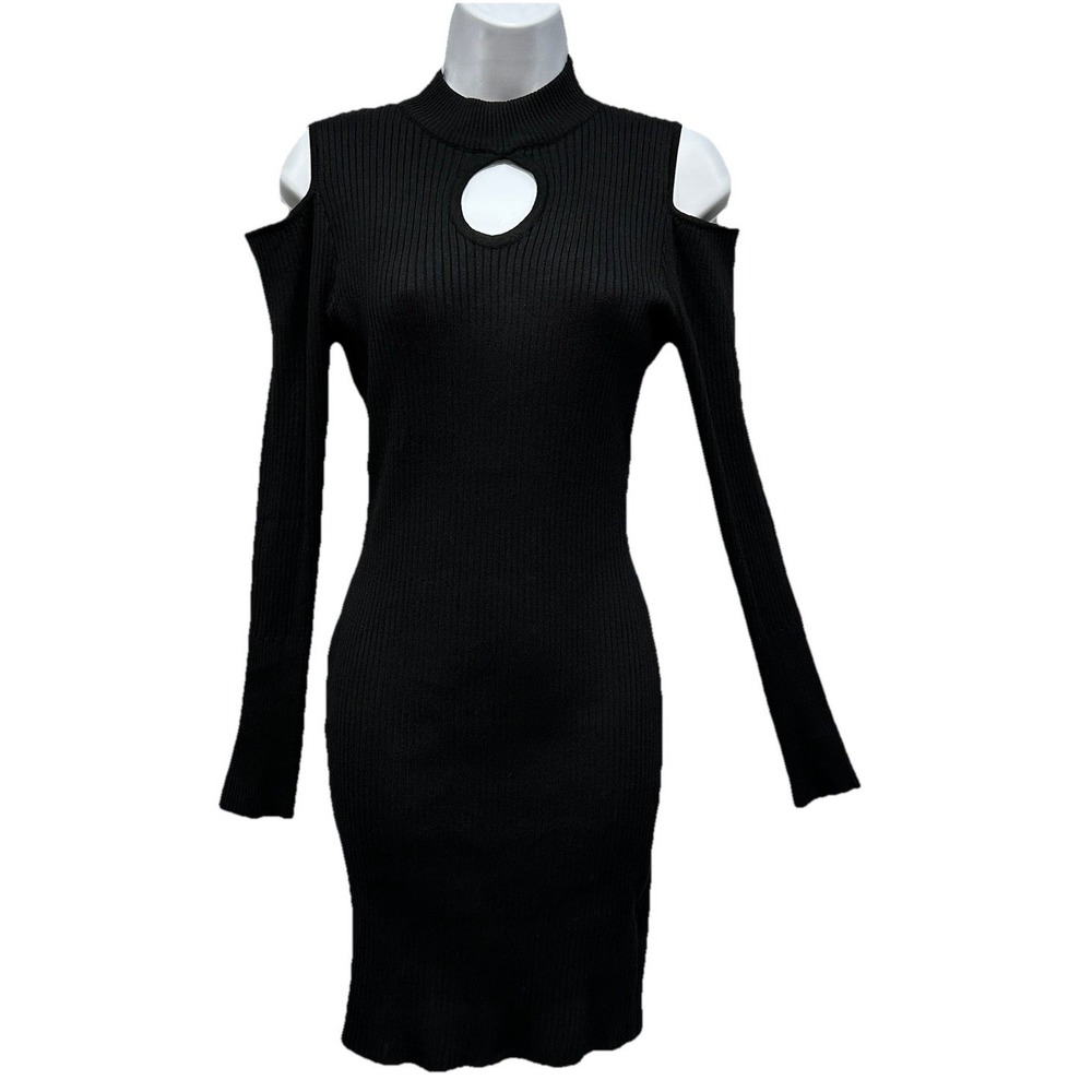 Say What? Ribbed Bodycon Dress Women's JR Large Black Long Sleeve Open Shoulder